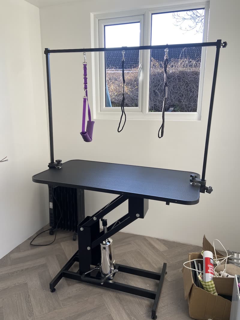 The grooming room at Pratley Paws, with its hydraulic table and overhead grooming arm by the window